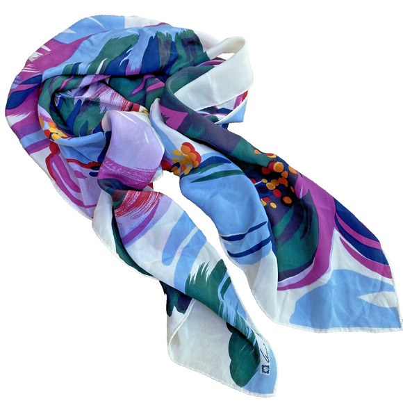 Vintage Anne Klein for VERA Silk Scarf Square Mod Floral Art To Wear blues pinks - Picture 7 of 9